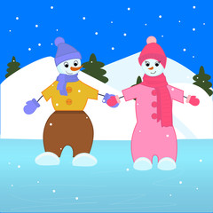 two snowmen ride on ice, vector illustration