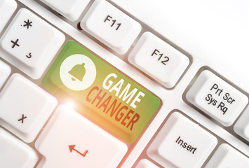 Conceptual hand writing showing Game Changer. Concept meaning way that effects a major shift in the current analysisner of doing White pc keyboard with note paper above the white background