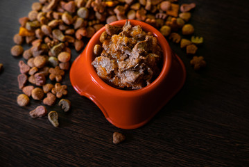 Wet pet food on the black table