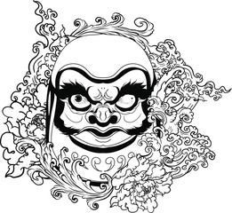 Japanese doll Daruma tattoo with peony flower and water splash.Art of japanese tattoo design.