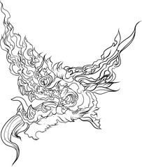 Hand drawn Silhouette dragon.Chinese dragon tattoo.Black and white Traditional Japanese dragon.