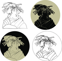 Japanese Geisha in circle background.Traditional Japanese wave poster.Japanese women in kimono with peony blossom.illustration and coloring book.