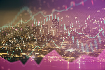 Financial graph on night city scape with tall buildings background double exposure. Analysis concept.