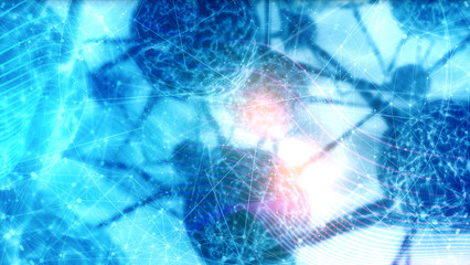 Neuron cells network. Visualisation of neurons and nervous system. 3D rendering.