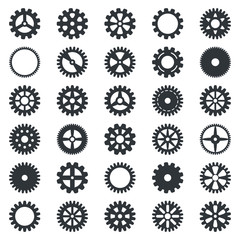 Gear icon set. Vector transmission cog wheels and gears isolated on white background - obrazy, fototapety, plakaty
