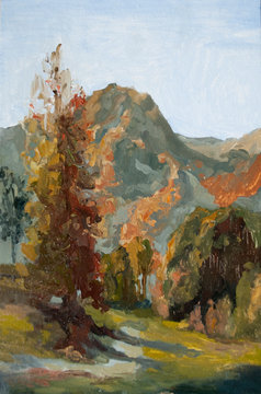 mountain landscape, autumn in the mountains, oil painting mountains