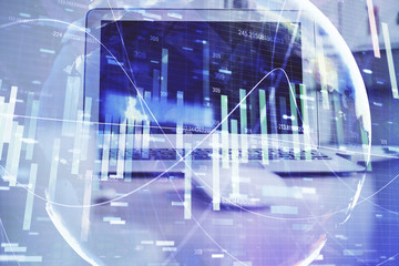 Multi exposure of business theme icons and table with computer background. Concept of success.