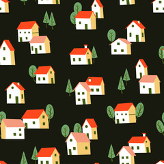 Seamless Pattern with Doodle Houses and Trees in Scandinavian Style.