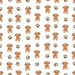 Cute lovely dog and doodle paw prints with white background seamless pattern