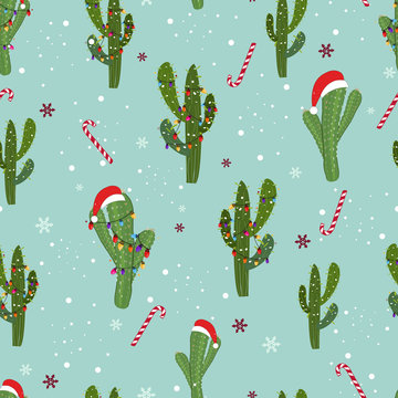 Cactus with colorful light bulb. Santa claus hat and candies. Merry Christmas and happy new year seamless pattern