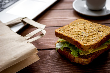 concept of lunch in officeat work top view