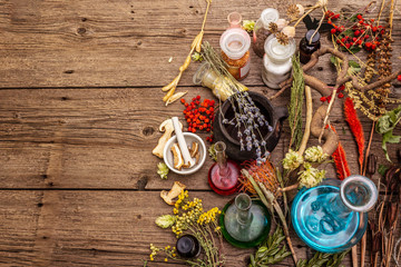 Witch's Laboratory. Alchemical equipment, Halloween concept