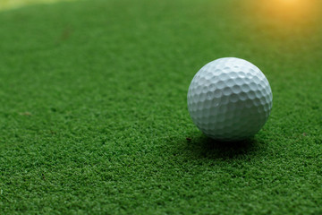 Golf ball on green grass in the evening golf course