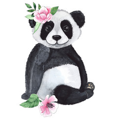 Watercolor compositions with pandas and tropical flowers, palm leaves, green bamboo on a white background © Анна Егорова