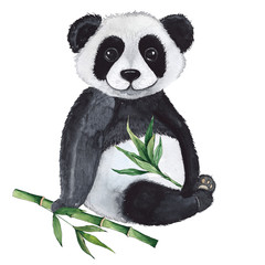 Watercolor compositions with pandas and tropical flowers, palm leaves, green bamboo on a white background © Анна Егорова
