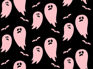 Ghost and bat seamless pattern. Pink character on black for Halloween party invitation, trick and treat fabric, scary ghost event greeting card, poster, banner, Spooky vector cartoon funny poltergeist
