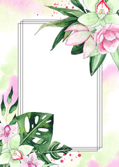 Watercolor tropical frames with pink and green flowers orchids leaves, watercolor textures