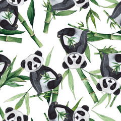 Watercolor seamless patterns with pandas and tropical flowers, palm leaves, green bamboo on a white background © Анна Егорова