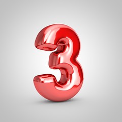 Red shiny metallic balloon number 3 isolated on white background.