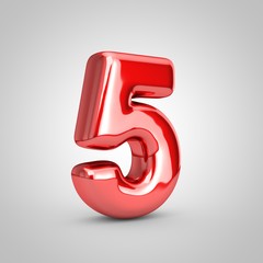 Red shiny metallic balloon number 5 isolated on white background.