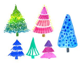 Watercolor colorful Christmas trees set isolated on white background. Hand painted illustration.