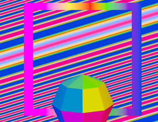 Pop art zine strong color collage, round rainbow abstract background with cubes and streak forms. 3D Illustration
