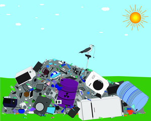 Mountain of garbage on the ground. Vector illustration. Vector graphics. Environmental protection concept. The concept of human problems.