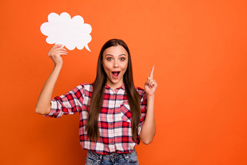 Close up photo of pretty cheerful excited nice glad thinking optimistically girl having great idea...