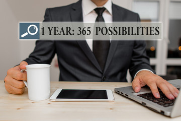 Text Sign Showing 1 Year 365 Possibilities Business Photo Text Beginning Of A New Day Lots Of Chances To Start Back View Young Man Dressed Suit Standing Platform Facing Blank Rectangle Wall Text Sign Showing 1 Year 365 Possibilities Business Photo Text Beginning Of A New Day Lots Of Chances To Start Back View Young Man Dressed Suit Standing Platform Facing Blank Rectangle Wall