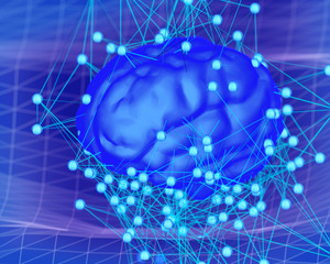 Human brain. Cerebral or neuronal activity concept.. Science, cognition, psychology,  learning 3d illustration of human brain on technology background.Artificial intelligence.