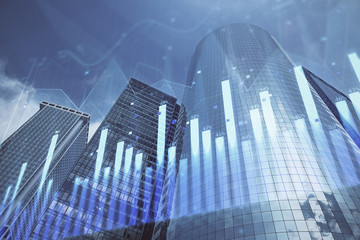 Forex chart on cityscape with skyscrapers wallpaper multi exposure. Financial research concept.