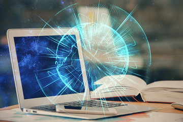 Double exposure of business theme icons and work space with computer background. Concept of success.