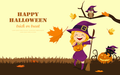 Cute cheerful little witch carrying a bucket and witch broom with owl, black cat in hat and carved pumpkin.