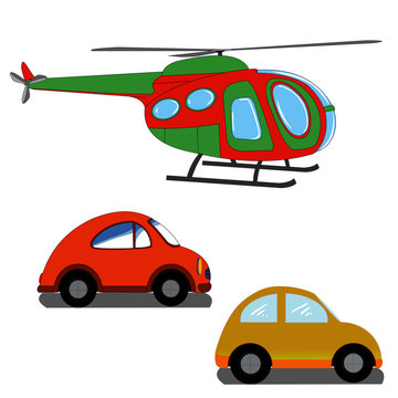 Helicopter and Cars - Cartoon Vector Image