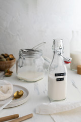 Fresh young green almonds flat lay