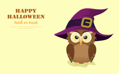 Halloween holiday. Cute owl cartoon character in hat. Flat design vector illustration.