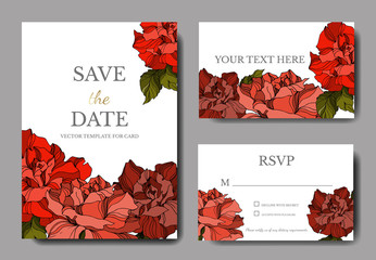 Vector Rose floral botanical flowers. Black and white engraved ink art. Wedding background card decorative border.