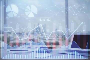 Forex market chart hologram and personal computer background. Multi exposure. Concept of investment.