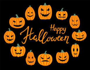 Happy Halloween greeting card, poster, banner. Pumpkins of different shapes and sizes on a black background. Cartoon style. Lettering. Vector illustration.