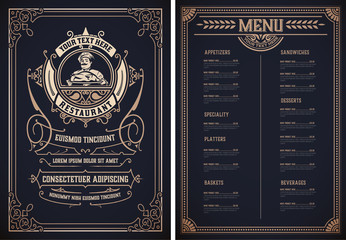Vintage template for  restaurant menu design with Chef illustration. Vector layered.