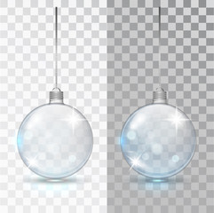 Glass transparent Christmas ball. Xmas glass bauble on transparent background. Holiday decoration template. Stocking Christmas decorations.Transparent vector object for design, mocap. Vector