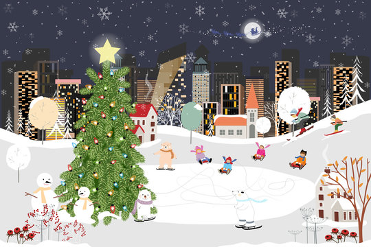 Panorama Winter landscape, Christmas and new year celebrated in the  city,Vector of horizontal banner winter wonderland in the town with happy  kids sledding and couple with skiing in the park Stock Vector |