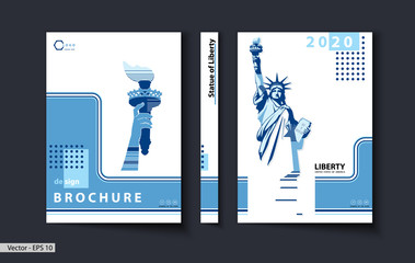 Brochure cover design template. Geometric design statue of liberty. New York, homes. First page, layout. Blue and white design. Book, booklet, album, poster. Annual report, title. Ad text, torch hand © VASYL