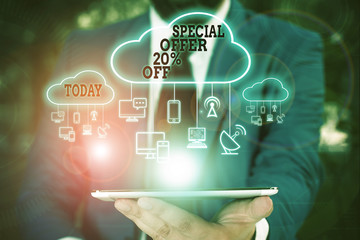 Text sign showing Special Offer 20 Percent Off. Business photo text Discounts promotion Sales Retail Marketing Offer Male human wear formal work suit presenting presentation using smart device