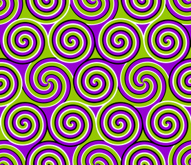 Green and purple background with spirals. Motion illusion. Seamless pattern.
