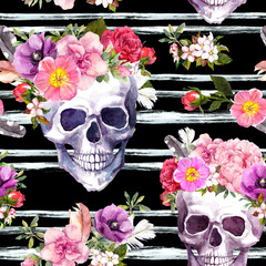 Human skulls, flowers for Halloween, Day of Dead. Seamless pattern with ink stripes on black background. Watercolor