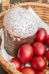 Easter spring cake with painted chicken eggs in a wicker basket
