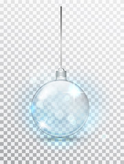 Blue transparent Christmas ball. Xmas glass ball on transparent background. Holiday decoration template. Stocking Christmas decorations.Transparent vector object for design, mocap.