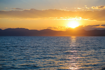 Sunset at Song Kol lake in Kyrgyzstan.