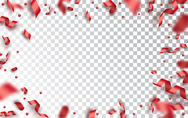 Confetti, serpentine, balls and red ribbons. Celebration transparent background. Composition with falling serpentine